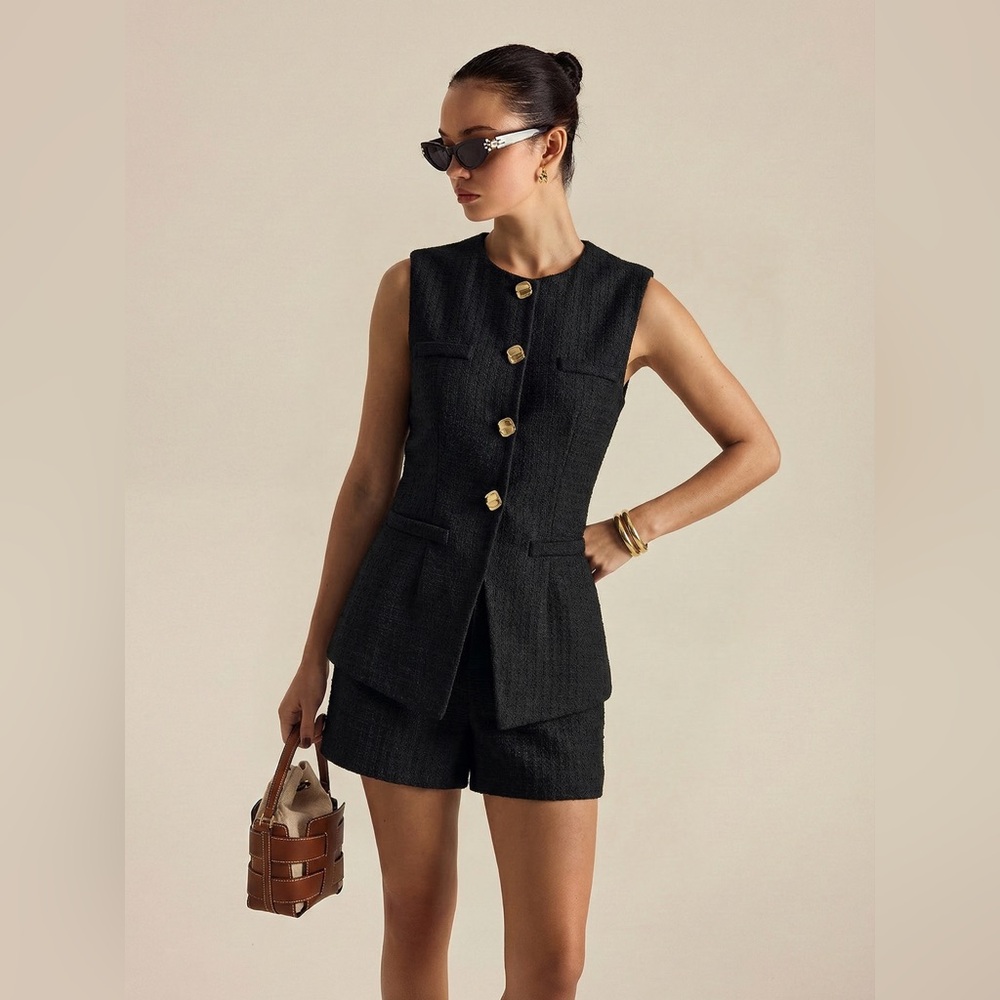 Commense Metal Button Tweed Vest & Shorts Set